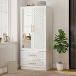 Roupeiro com Espelho 2 Portas e 2 Gavetas Relevo de Diamante Barra para Pendurar Estilo Moderno 80x50x180 cm Branco