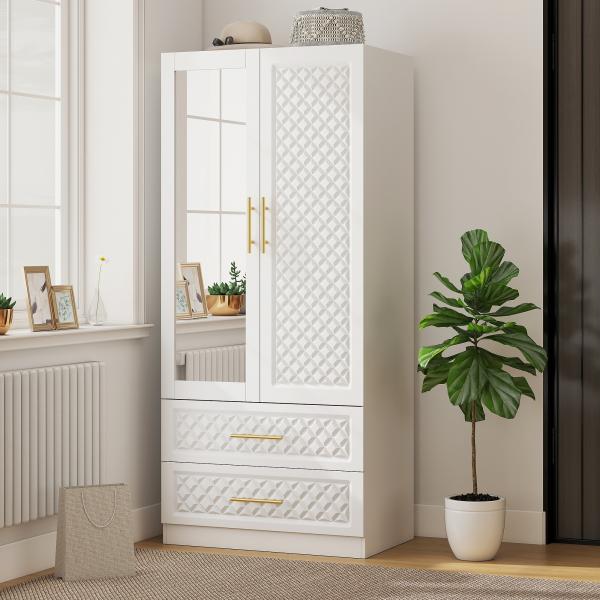 Roupeiro com Espelho 2 Portas e 2 Gavetas Relevo de Diamante Barra para Pendurar Estilo Moderno 80x50x180 cm Branco