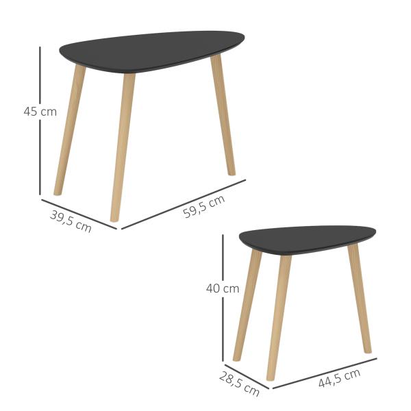 Conjunto de 2 Mesas Auxiliares com Pés de Madeira Mesas de Café 59,5x39,5x45 cm e 44,5x28,5x40 cm Preto