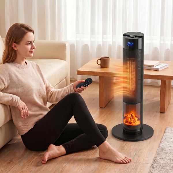 Aquecedor Elétrico Cerâmico PTC 2000W com 5 Modos, App Wi‑Fi, Chama 3D, Comando e Proteção contra Sobreaquecimento - Preto