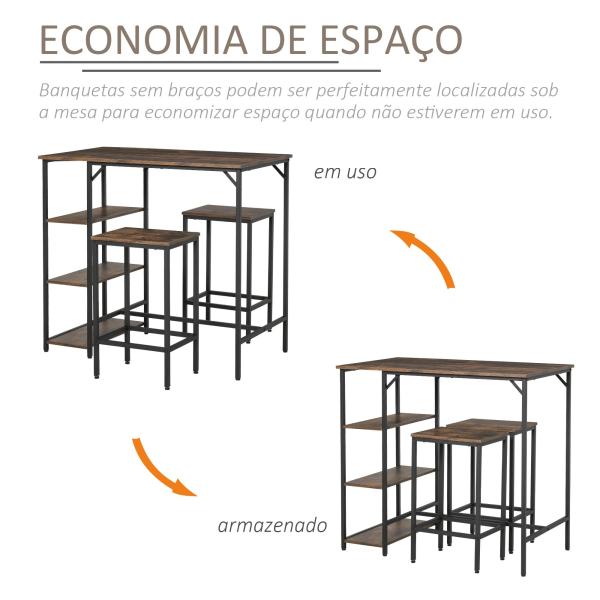 Conjunto de mesa de bar e 2 bancos com apoio para os pés e prateleiras de 3 níveis 109x60x100 cm marrom rústico