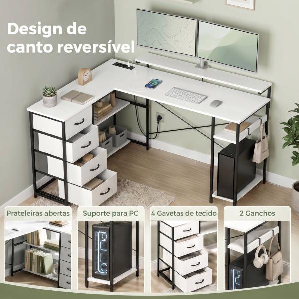 Mesa de Canto para Computador Amplo Espaço de Arrumação com 4 Gavetas 155x112x91,5 cm Branco