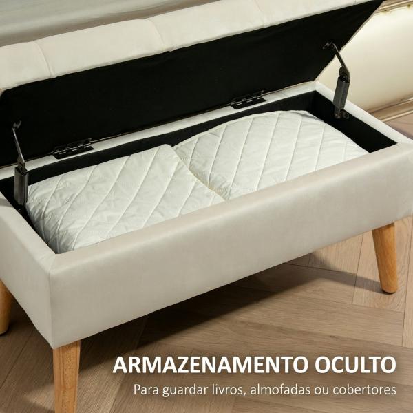 Pufe de Arrumação em Veludo com Tampa e Pés de Madeira para Sala, Quarto ou Entrada, 80x35x42 cm, Creme