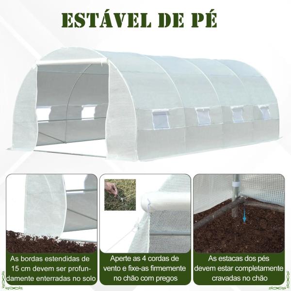 Estufa Tipo Túnel 595x300x200 cm com 8 Janelas e Cobertura de Polietileno para Cultivo de Plantas Estrutura de Aço 24mm para Jardim Branco