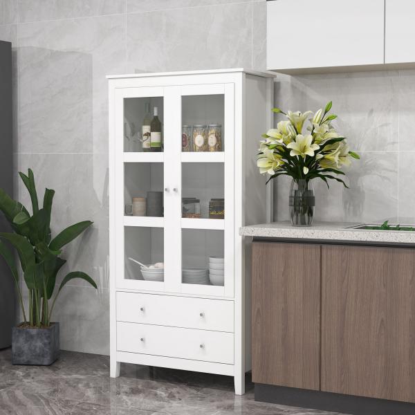 Vitrine de Sala de Estar Estante para Escritório com 2 Portas de Vidro Temperado 3 Prateleiras e 2 Gavetas 80x40x160 cm Branco