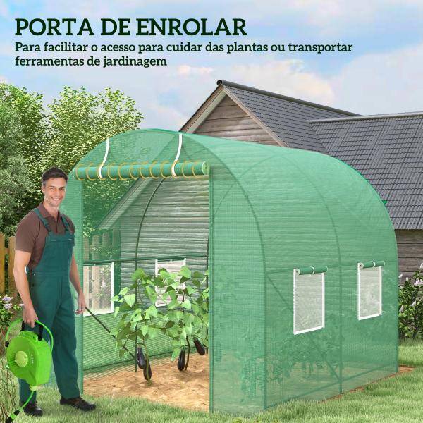 Estufa Tipo Túnel 250x200x200cm Estufa de Jardim com Janelas e Portas Enroláveis para Cultivo de Plantas Verde