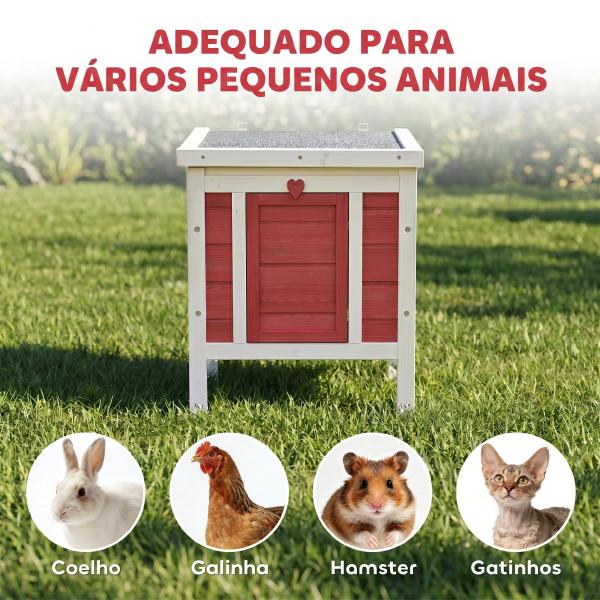 Coelheira de Madeira Exterior Coelheira para Roedores Animais de Estimação Pequenos com Teto Asfáltico e Rampa Antiderrapante 42x51x43cm Vermelho