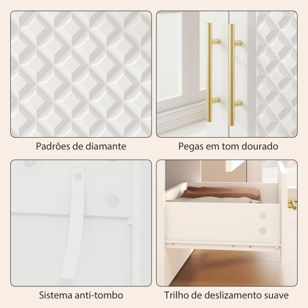 Roupeiro com Espelho 2 Portas e 2 Gavetas Relevo de Diamante Barra para Pendurar Estilo Moderno 80x50x180 cm Branco