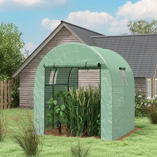Estufa de Exterior com 2 Portas Enroláveis 2 Janelas em Rede Cobertura PE 135g/m² Anti - UV Cultivo e Plantas 180x180x200 cm Verde