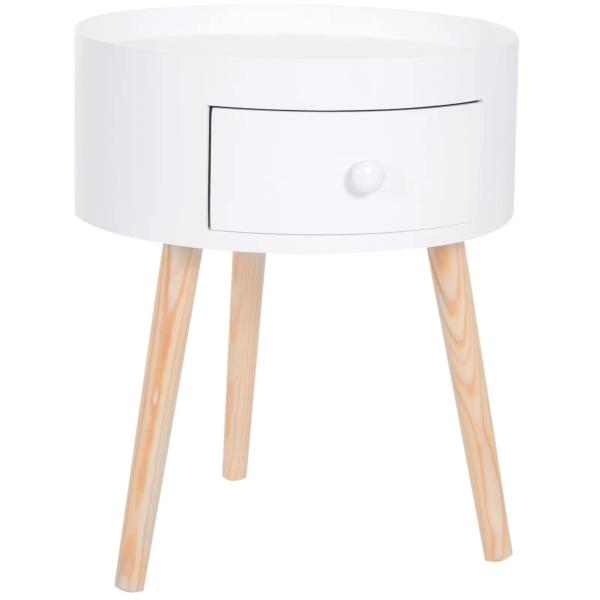 Mesa Apoio Redonda com 1 Gaveta Borda Elevada e 3 Pés de Madeira Estilo Moderno Ø38x45 cm Branco