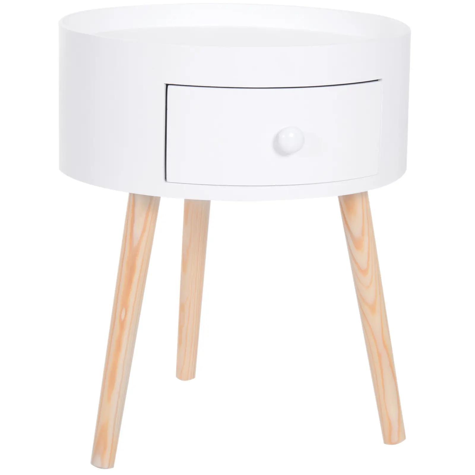Mesa Apoio Redonda com 1 Gaveta Borda Elevada e 3 Pés de Madeira Estilo Moderno Ø38x45 cm Branco