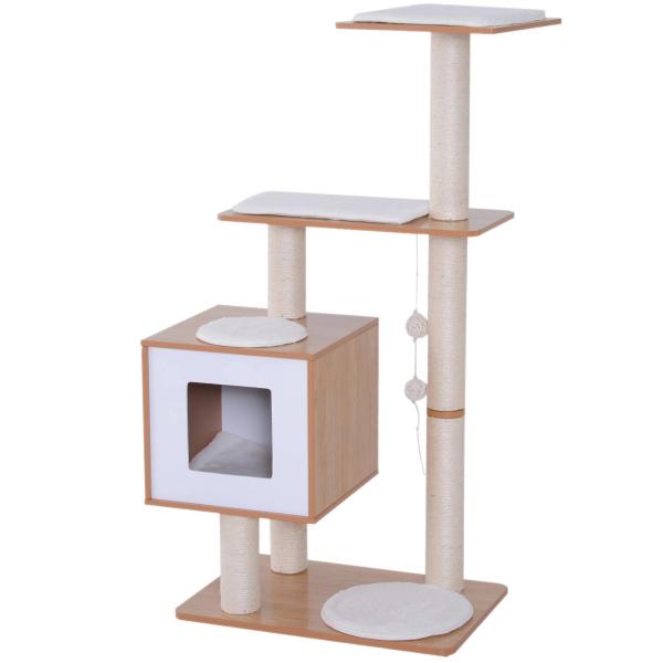 Árvore Arranhadora para Gatos de Madeira 71,5x49,5x120cm Torre para Gatos com Caverna Plataformas Postes Arranhadores de Sisal Almofadas de Pelúcia Suave e Bolas Suspensas Natural