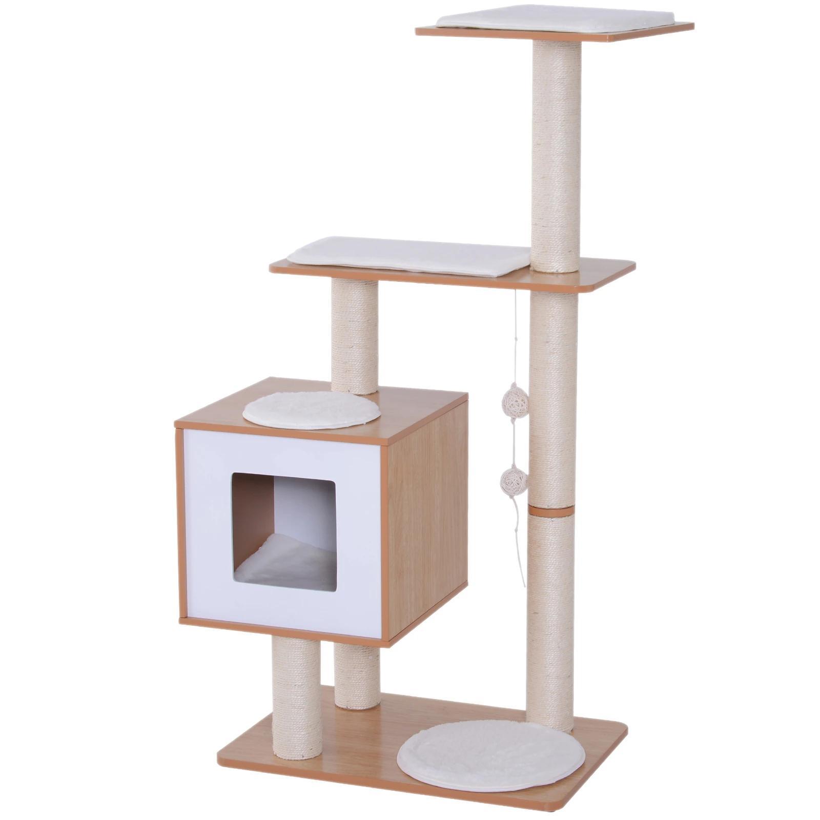 Árvore Arranhadora para Gatos de Madeira 71,5x49,5x120cm Torre para Gatos com Caverna Plataformas Postes Arranhadores de Sisal Almofadas de Pelúcia Suave e Bolas Suspensas Natural