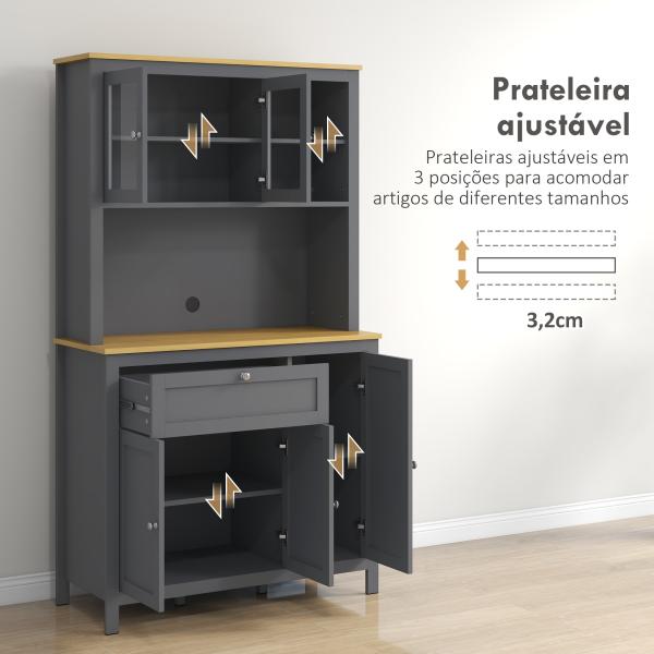 Armário de Cozinha Alto com 5 Portas Prateleira Ajustável, Gaveta Bancada Aberta para Microondas Orifício para Cabo 100x40x180 cm Cinza