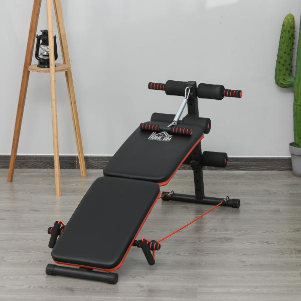 Banco de Abdominais Dobrável Ajustável em Altura com Cordas Elásticas 137x51x50 - 66 cm Preto e Vermelho
