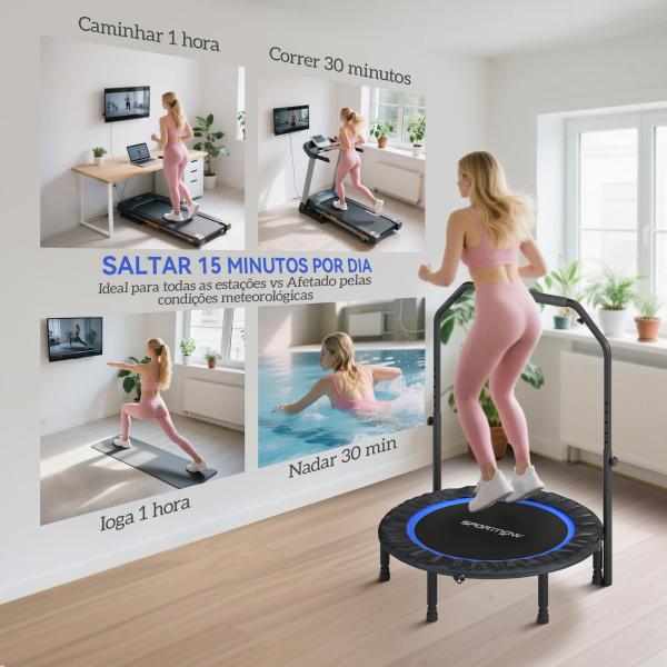 Trampolim de Fitness Ø102 cm Dobrável com Guiador Ajustável de 4 Níveis e Bandas para Treino de Pernas e Corpo Azul