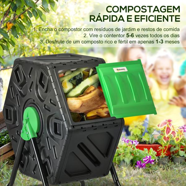 Compostor Giratório de 65L Recipiente de Compostagem de Jardim com Câmera Dupla Aberturas de Ventilação 60x49x77 cm Preto