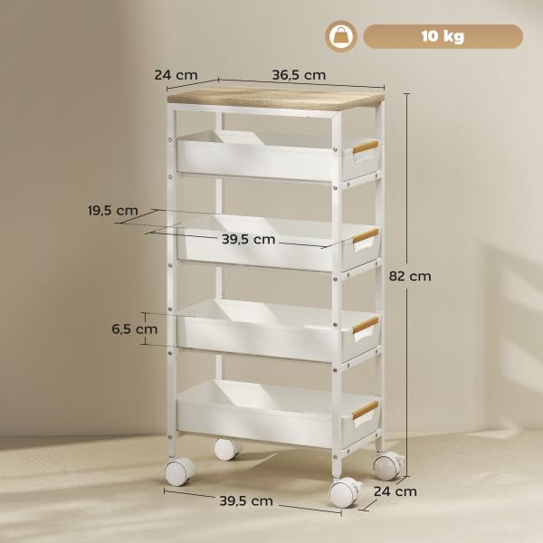 Carrinho de Cozinha de Armazenamento de 5 Níveis Carrinho Auxiliar com Rodas Bancada com Efeito Madeira 39,5x24x82 cm Branco