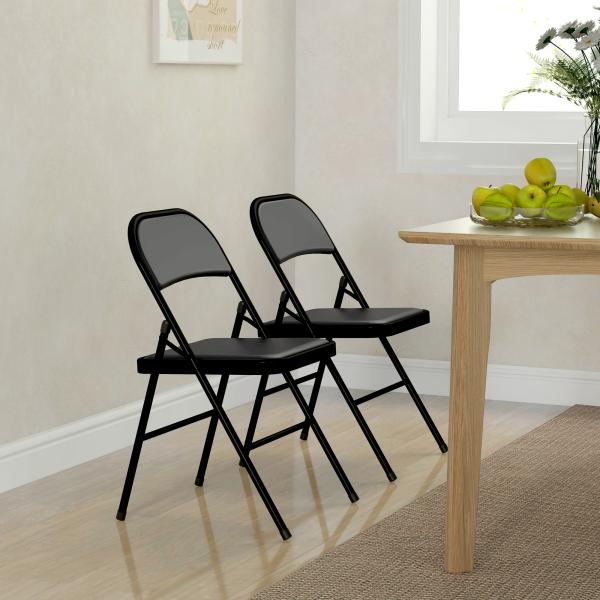 Conjunto de 2 Cadeiras Dobráveis com Encosto e Estrutura de Aço para Sala de Estar escritório Estúdio 45x46x78 cm Preto