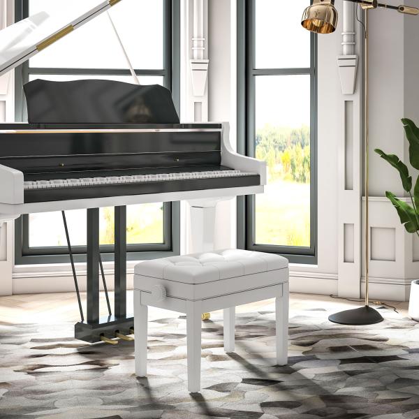 Banco de Piano com Espaço de Armazenamento e Altura Ajustável Carga 200 kg 54,5x33x48 - 58 cm Branco