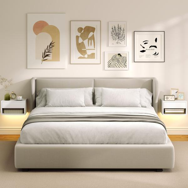 Conjunto de 2 Mesas de Cabeceira Flutuantes com Luzes LED RGB Controlo por APP e Prateleira Aberta 37x32x21 cm Branco