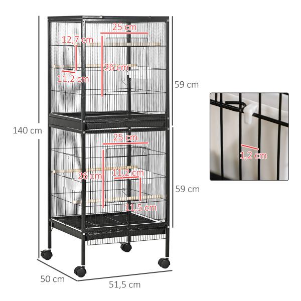Gaiola para Pássaros com Rodas de 2 Níveis com Bandejas Removíveis Portas Comedouros Poleiros 51,5x50x140 cm Preto