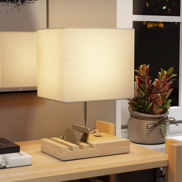 Candeeiro de Mesa com Portas USB - A/C Três Ranhuras para Telemóveis Base de Madeira e Ecrã de Tecido E27 40W 25x20x40,5 cm Branco