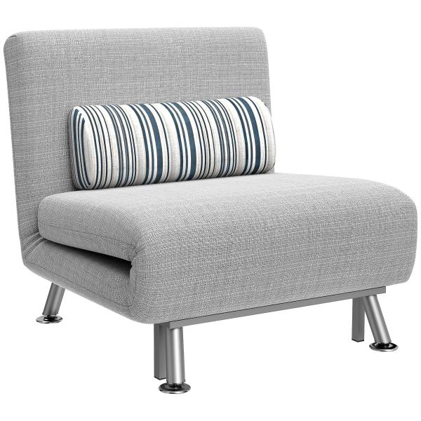 Sofá - Cama Individual Dobrável com Encosto Ajustável 5 Posições, Almofada e Revestimento em Linho Sintético, 75x70x75 cm, Cinzento