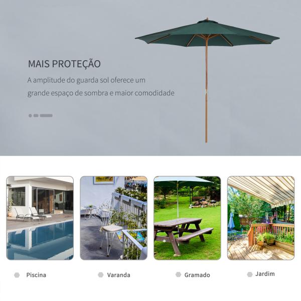 Chapéu de Sol Ø300x250cm Chapéu de Sol com Mastro de Madeira com 8 Hastes Sistema de Polia com Fixação Verde
