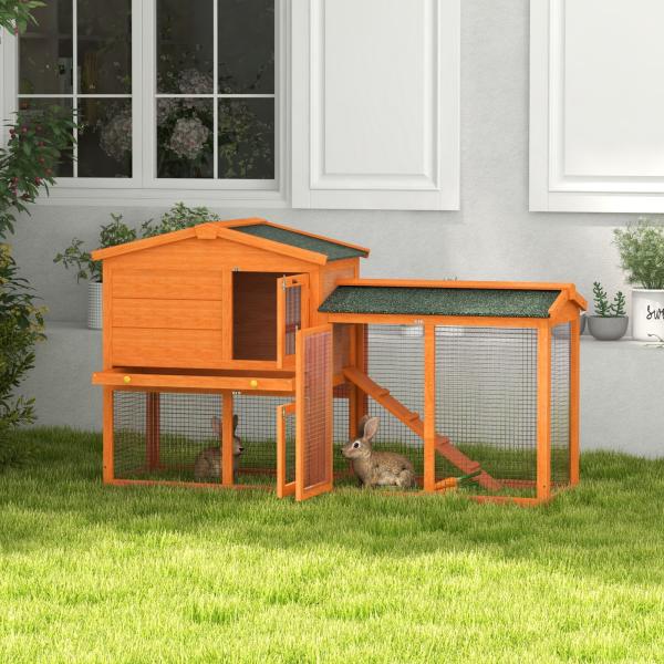 Coelheira de Madeira 150x45x85 cm Gaiola para Coelhos Grande com Telhado Asfáltico Bandeja Removível Escada e Ninho Natural
