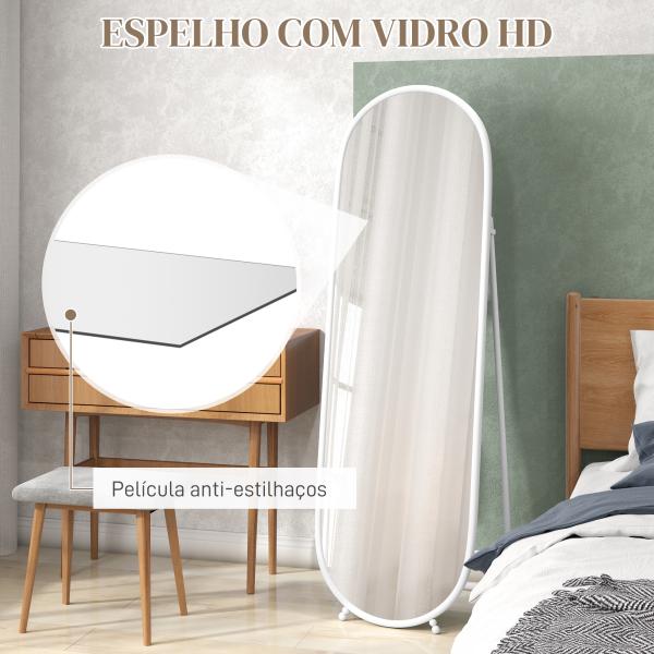Espelho de Pé Oval 160x40 cm Espelho de Corpo Inteiro com Moldura Metálica Suporte e 2 Formas de Utilização Branco