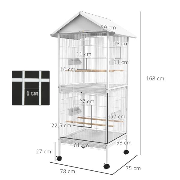 Gaiola para Pássaros 2 em 1 com 2 Andares Rodas 4 Comedouros 4 Poleiros e Bandejas Amovíveis 78x75x168 cm Branco