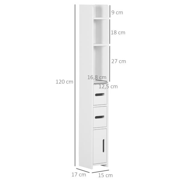 Coluna Casa de Banho com 3 Portas e 3 Prateleiras Abertas Coluna Auxiliar Estilo Moderno 15x17x120cm Branco