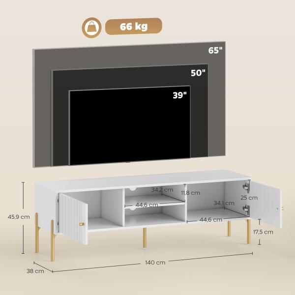 Móvel de TV Moderno com 2 Prateleiras Abertas Ajustáveis para Televisão 65 Polegadas 140x38x45,9 cm Branco