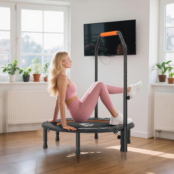 Trampolim Fitness Ø102 Trampolim Dobrável com Pega Ajustável em 4 Níveis Estrutura de Aço Preto e Laranja
