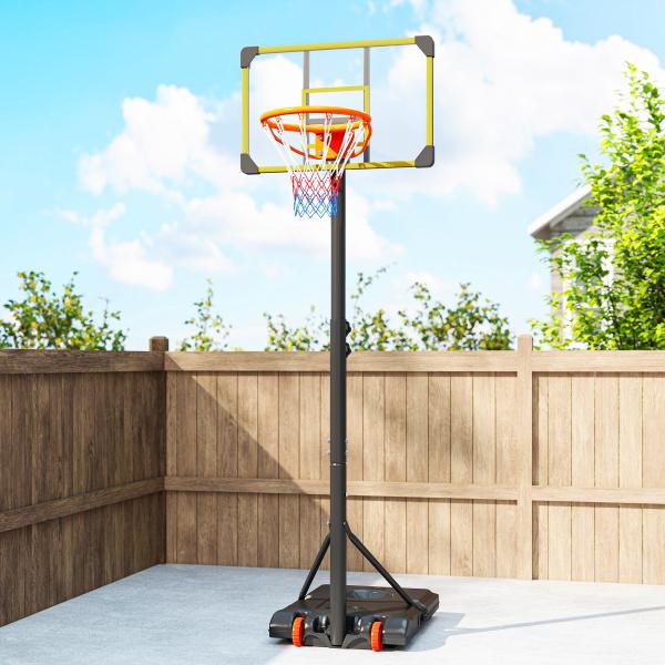 Tabela de Basquetebol com Altura Ajustável 178 - 208 cm Rodas Base Recarregável para Exterior 75x56x210 - 240 cm Amarelo e Preto