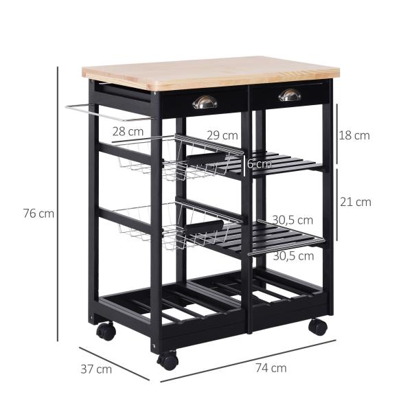 Carrinho de Cozinha com Rodinhas com Prateleira e Gaveta 74x37x76cm Preto