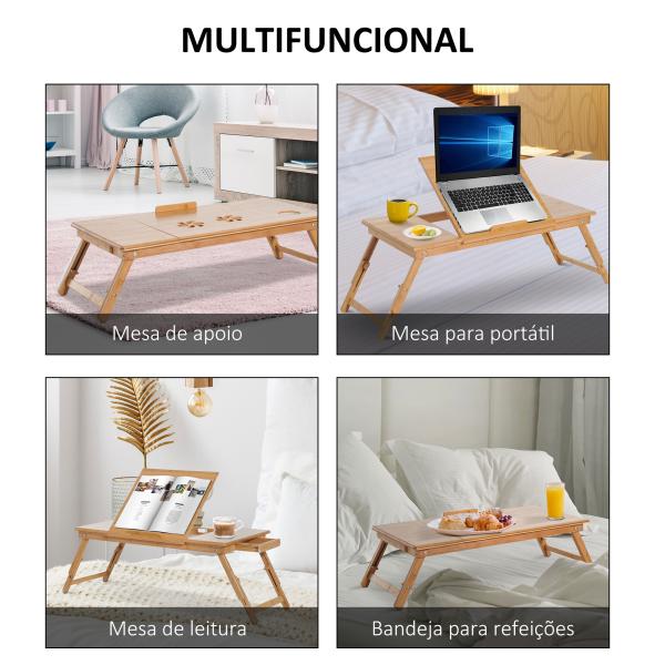 Mesa de Computador Portátil de Bambu Dobrável Reclinável e Altura Ajustável Mesa Auxiliar com1 Gaveta 72x35x22 - 30 cm Madeira