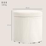 Puff de Arrumação Baú de Arrumação Redondo Estofado em Veludo Cotelê Tampa Removível Ø40x41 cm Creme