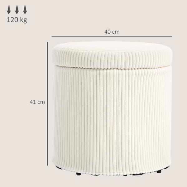 Puff de Arrumação Baú de Arrumação Redondo Estofado em Veludo Cotelê Tampa Removível Ø40x41 cm Creme