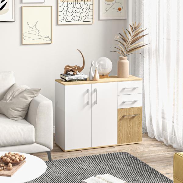 Aparador Sala de Estar Moderno com 2 Gavetas 2 Armários e Prateleiras Ajustáveis 90x30x75,5 cm Branco e Madeira