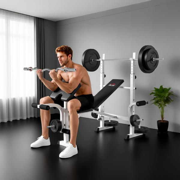 Banco de Musculação Multifuncional Inclinável com Suporte para Barra Ajustável Extensão de Pernas Curl de Predicador 180x134x113 - 136 cm Preto