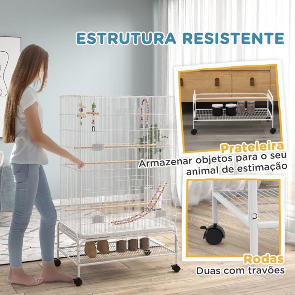 Gaiola para Pássaros com Rodas com 4 Comedouros 3 Poleiros Brinquedos Bandeja Amovível e Prateleira 79x49x133 cm Branco