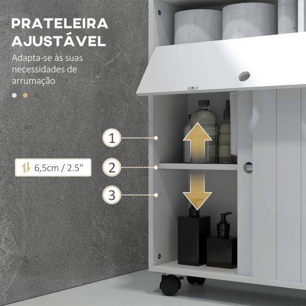Armário Auxiliar Casa de Banho com 4 Rodas 2 Compartimentos para Papel Higiénico Armário e Prateleiras Ajustáveis 52x17x67 cm Branco