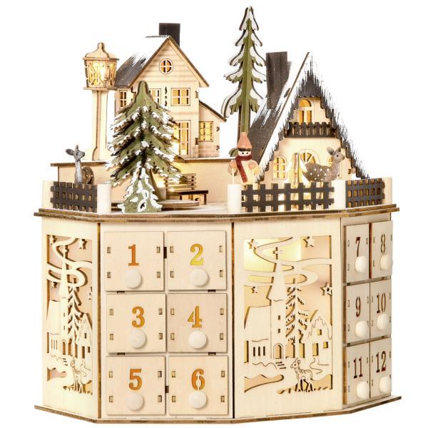 Calendário do Advento de Natal em Madeira Reutilizável com Luzes LED 24 Gavetas Cena de Aldeia 25x20x29 cm Natural
