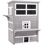 Casa para Gatos de Madeira Exterior Casa Grande para Gatos de 3 Andares com Múltiplas Entradas Janelas e 2 Plataformas para Terraço Balcão Jardim 98x68,5x122cm Cinza