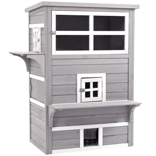 Casa para Gatos de Madeira Exterior Casa Grande para Gatos de 3 Andares com Múltiplas Entradas Janelas e 2 Plataformas para Terraço Balcão Jardim 98x68,5x122cm Cinza