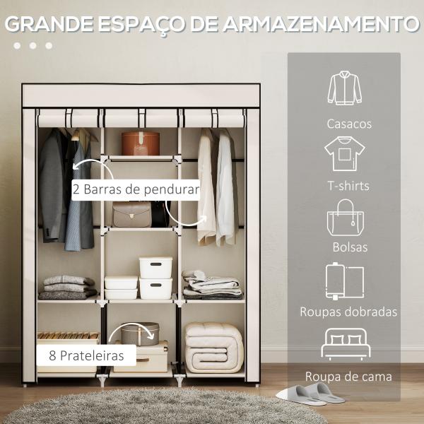 Roupeiro de Tecido Dobrável com 8 Prateleiras de Armazenamento e 2 Barras de Pendurar 125x43x162,5cm Creme