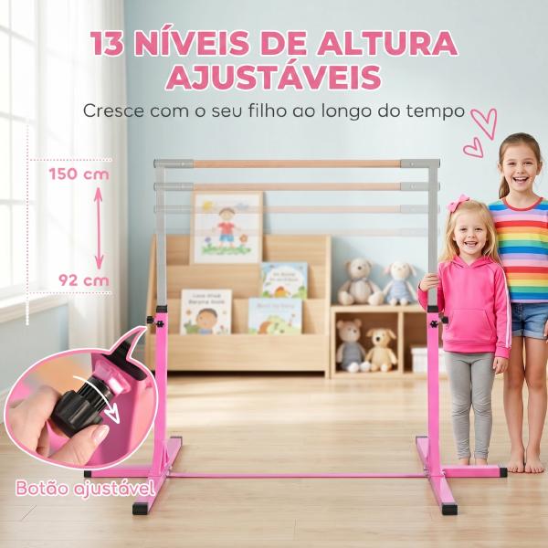Barra de Ginástica para Crianças com Altura Ajustável 92 - 150 cm Barra Horizontal de Ginástica 197x121x150 cm Rosa