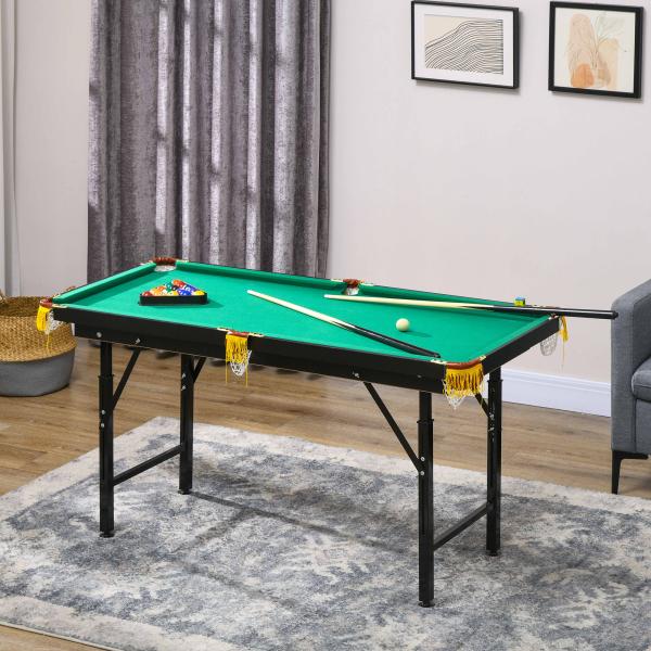 Mesa de Bilhar Dobrável 140 cm com Altura Ajustável, 16 Bolas, 2 Tacos, 2 Giz, Triângulo e Escova, Verde
